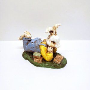 Easter Bunny Rabbit Figurine Reading Books Flower Pot Overalls Resin 4.5"